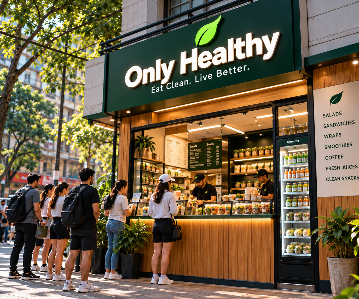 Concept render of an Only Healthy storefront with customers queuing